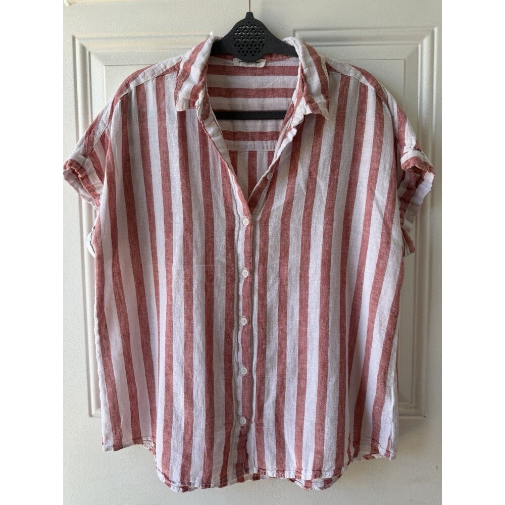 BeachLunchLounge Collection Linen Cotton Striped Button Front Shirt Womens L